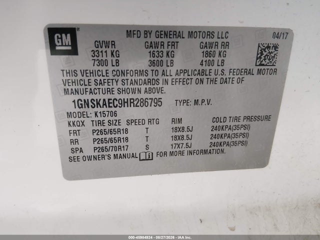 Продажа на аукционе авто 2017 Chevrolet Tahoe Ls, vin: 1GNSKAEC9HR286795, номер лота: 45984924