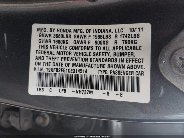 Продаж на аукціоні авто 2012 Honda Civic Lx, vin: 19XFB2F51CE314514, номер лоту: 45984928