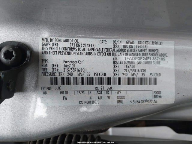45984930 :رقم المزاد ، 1FADP3F24EL387185 vin ، 2014 Ford Focus Se مزاد بيع