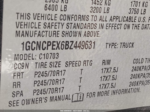 45984938 :رقم المزاد ، 1GCNCPEX6BZ449631 vin ، 2011 Chevrolet Silverado 1500 Work Truck مزاد بيع