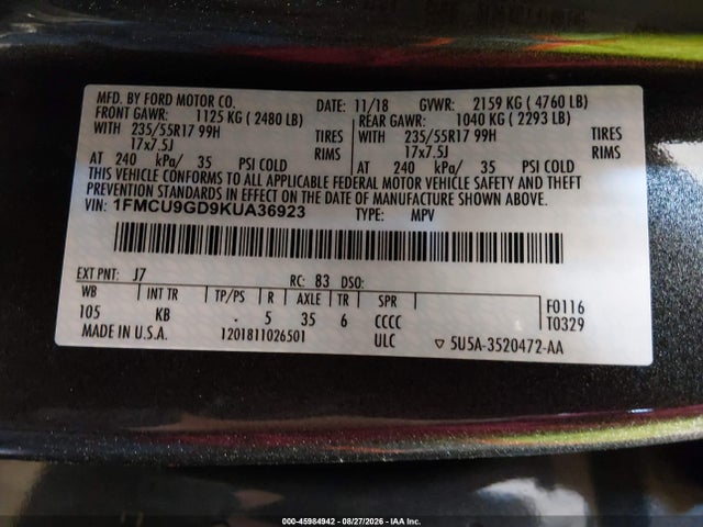 Продажа на аукционе авто 2019 Ford Escape Se, vin: 1FMCU9GD9KUA36923, номер лота: 45984942