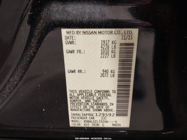 2016 Nissan Altima 2.5 S მანქანა იყიდება აუქციონზე, vin: 1N4AL3AP4GC129592, აუქციონის ნომერი: 45984949