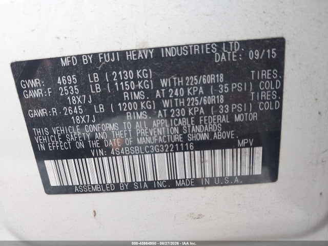 Продаж на аукціоні авто 2016 Subaru Outback 2.5i Limited, vin: 4S4BSBLC3G3221116, номер лоту: 45984950