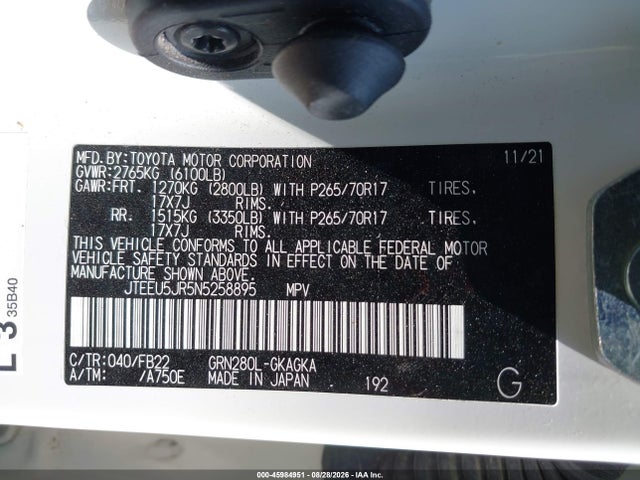 Продажа на аукционе авто 2022 Toyota 4runner Sr5, vin: JTEEU5JR5N5258895, номер лота: 45984951