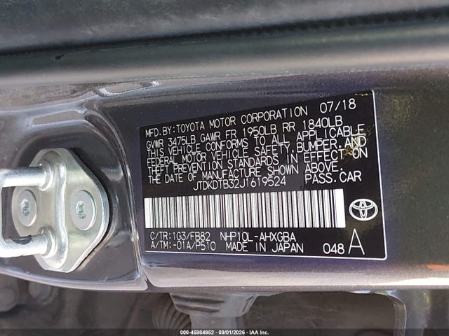 Продажа на аукционе авто 2018 Toyota Prius C Three, vin: JTDKDTB32J1619524, номер лота: 45984952