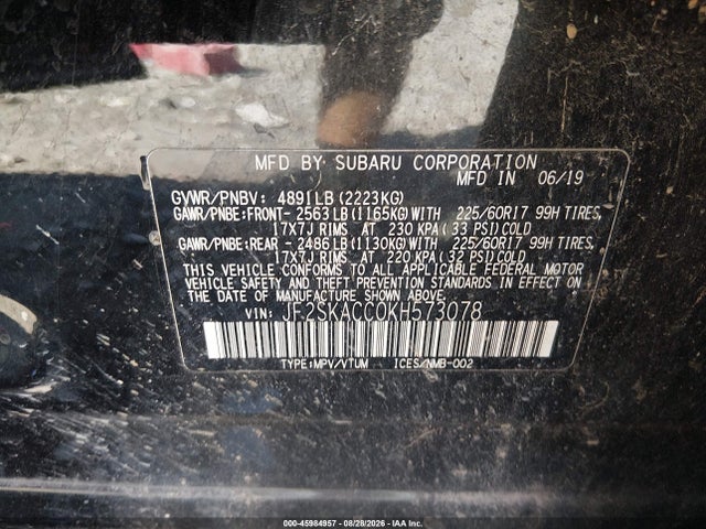 2019 Subaru Forester მანქანა იყიდება აუქციონზე, vin: JF2SKACC0KH573078, აუქციონის ნომერი: 45984957