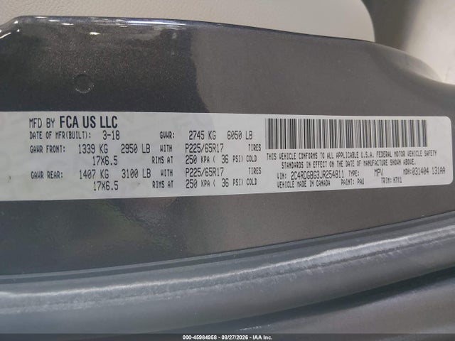 Aukcja sprzedaży 2018 Dodge Grand Caravan Se, vin: 2C4RDGBG3JR254811, numer aukcji: 45984958