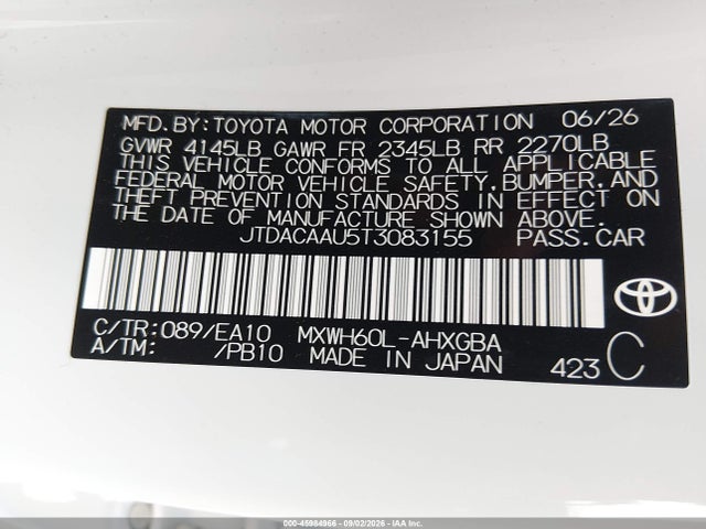 2026 Toyota Prius Xle მანქანა იყიდება აუქციონზე, vin: JTDACAAU5T3083155, აუქციონის ნომერი: 45984966