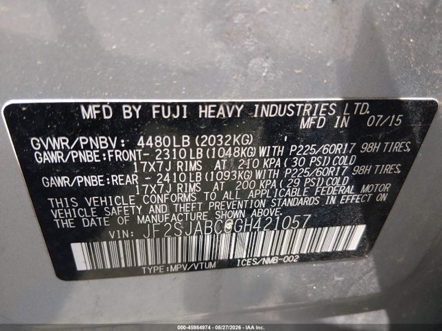 2016 Subaru Forester 2.5i მანქანა იყიდება აუქციონზე, vin: JF2SJABC6GH421057, აუქციონის ნომერი: 45984974