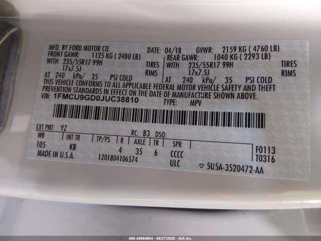 Продажа на аукционе авто 2018 Ford Escape Se, vin: 1FMCU9GD0JUC38810, номер лота: 45984984