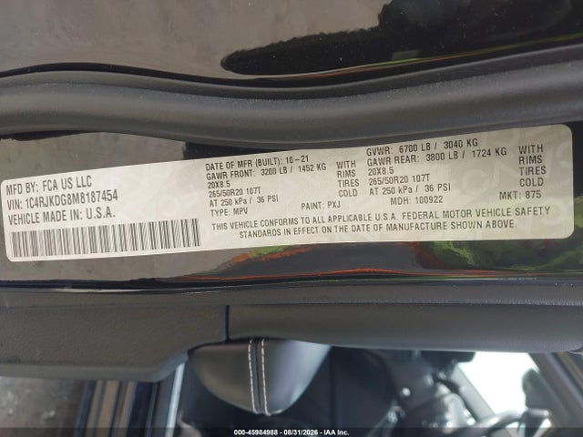 Продажа на аукционе авто 2021 Jeep Grand Cherokee L Overland 4x4, vin: 1C4RJKDG8M8187454, номер лота: 45984988