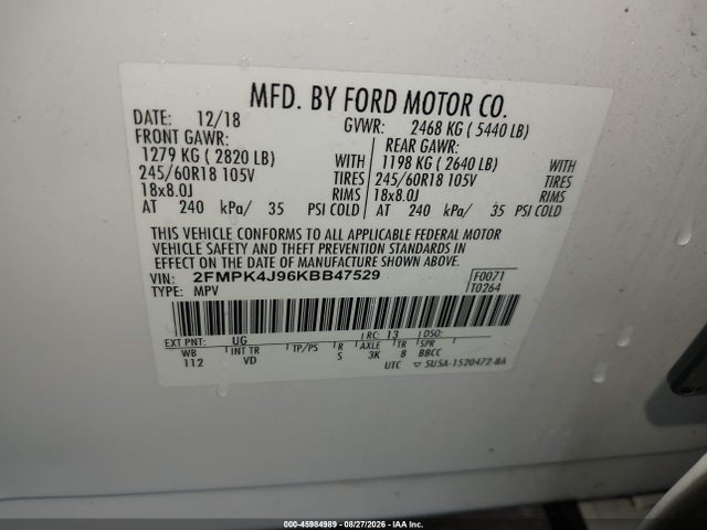 Aukcja sprzedaży 2019 Ford Edge Sel, vin: 2FMPK4J96KBB47529, numer aukcji: 45984989