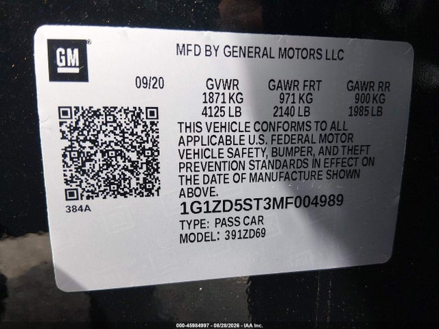 2021 Chevrolet Malibu Fwd Lt მანქანა იყიდება აუქციონზე, vin: 1G1ZD5ST3MF004989, აუქციონის ნომერი: 45984997