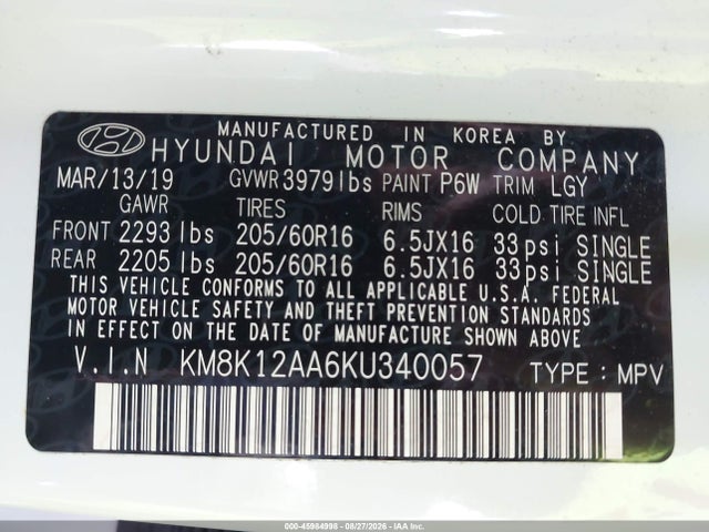 Продаж на аукціоні авто 2019 Hyundai Kona Se, vin: KM8K12AA6KU340057, номер лоту: 45984998