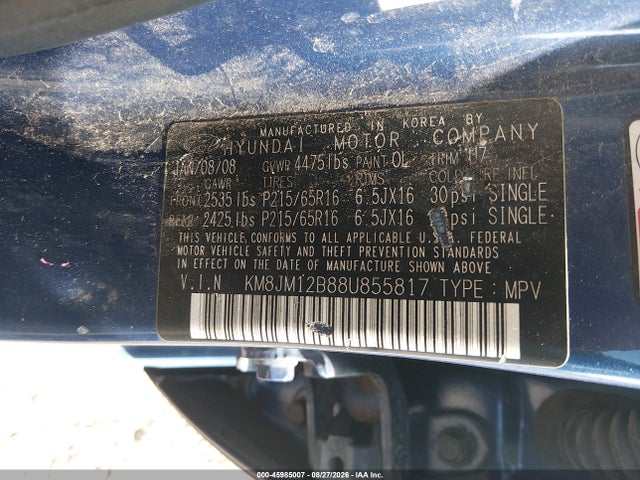45985007 :رقم المزاد ، KM8JM12B88U855817 vin ، 2008 Hyundai Tucson Gls مزاد بيع