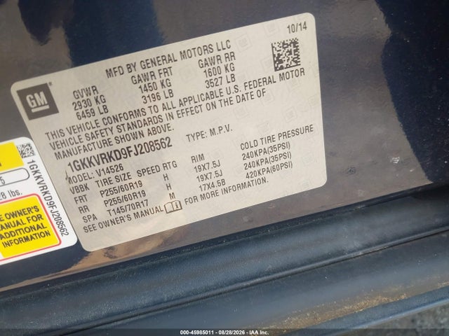 Aukcja sprzedaży 2015 Gmc Acadia Slt-1, vin: 1GKKVRKD9FJ208562, numer aukcji: 45985011