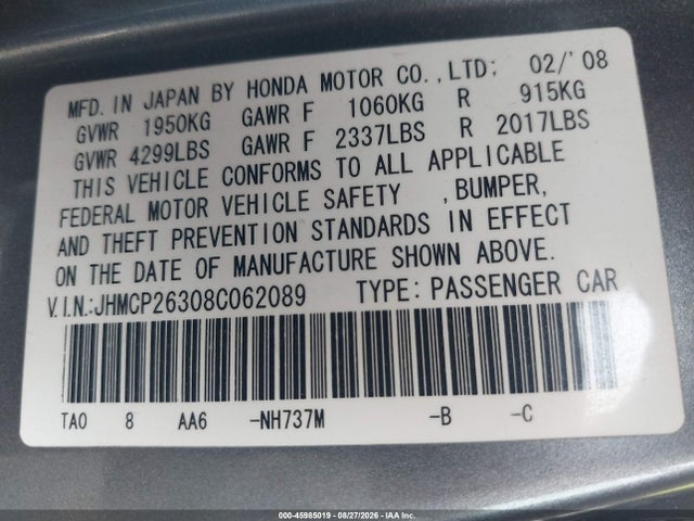 45985019 :رقم المزاد ، JHMCP26308C062089 vin ، 2008 Honda Accord 2.4 Lx مزاد بيع