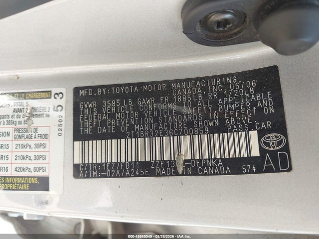 Продаж на аукціоні авто 2006 Toyota Corolla Le, vin: 2T1BR32E36C700859, номер лоту: 45985049