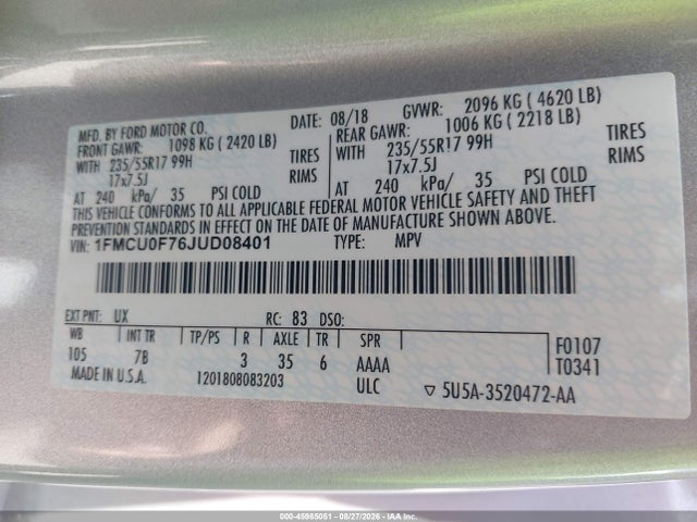 Ford ESCAPE S 2018 1FMCU0F76JUD08401 Image 9