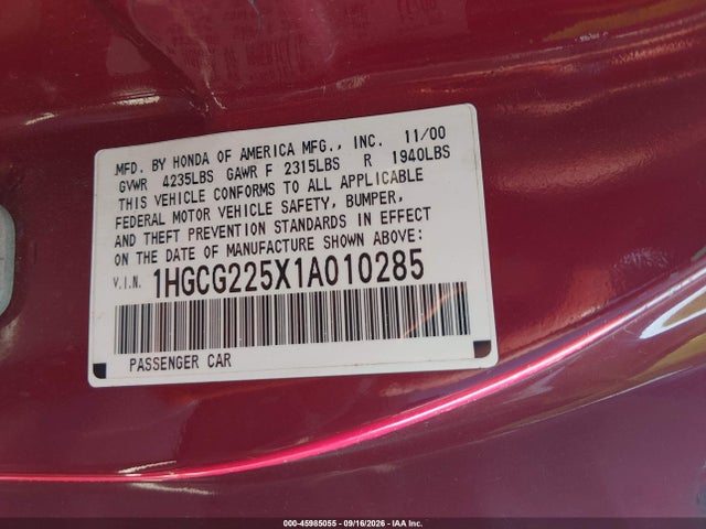 Продаж на аукціоні авто 2001 Honda Accord 3.0 Ex, vin: 1HGCG225X1A010285, номер лоту: 45985055