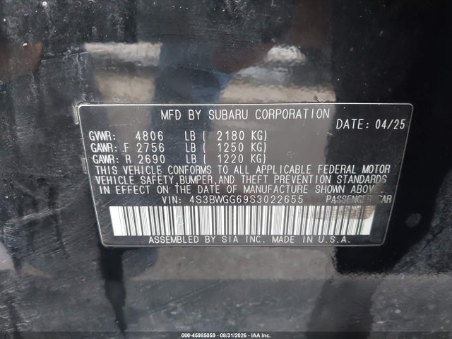 Aukcja sprzedaży 2025 Subaru Legacy Sport, vin: 4S3BWGG69S3022655, numer aukcji: 45985059