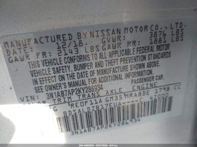 Продажа на аукционе авто 2019 Nissan Sentra Sv, vin: 3N1AB7AP2KY286934, номер лота: 45985058