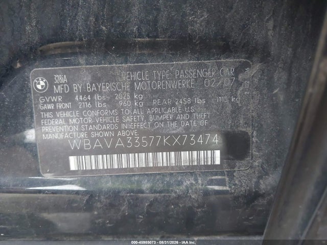 45985073 :رقم المزاد ، WBAVA33577KX73474 vin ، 2007 Bmw 328i مزاد بيع