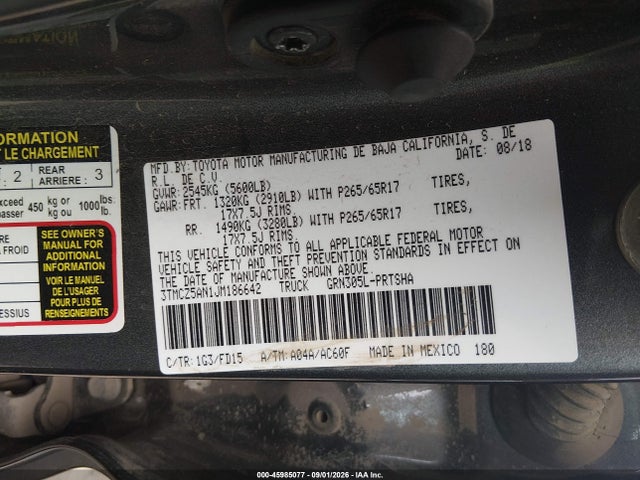 Aukcja sprzedaży 2018 Toyota Tacoma Trd Sport, vin: 3TMCZ5AN1JM186642, numer aukcji: 45985077