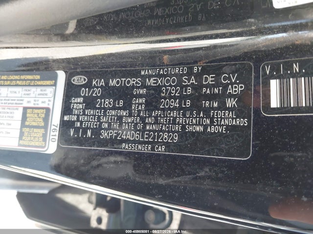 Aukcja sprzedaży 2020 Kia Forte Lxs, vin: 3KPF24AD6LE212829, numer aukcji: 45985081