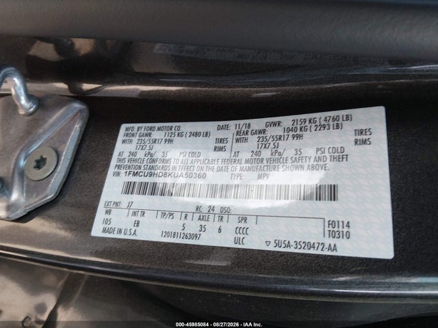 45985084 :رقم المزاد ، 1FMCU9HD8KUA50360 vin ، 2019 Ford Escape Sel مزاد بيع