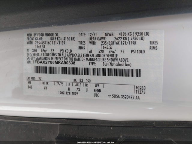 Продаж на аукціоні авто 2021 Ford Transit-350 Passenger Van Xl, vin: 1FBAX2Y86MKA90338, номер лоту: 45985085