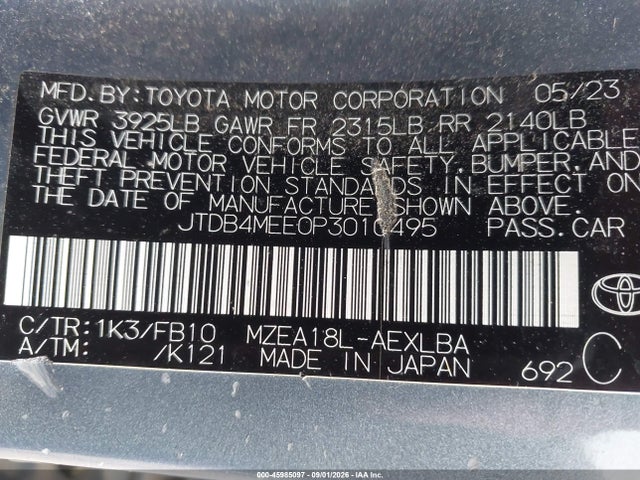 Aukcja sprzedaży 2023 Toyota Corolla Le, vin: JTDB4MEE0P3010495, numer aukcji: 45985097