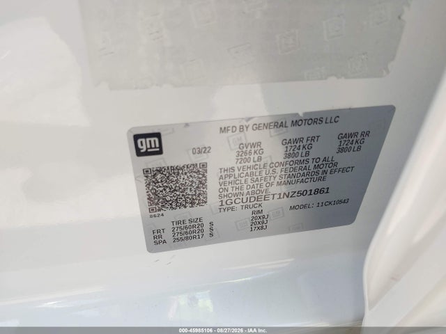 2022 Chevrolet Silverado 1500 მანქანა იყიდება აუქციონზე, vin: 1GCUDEET1NZ501861, აუქციონის ნომერი: 45985106