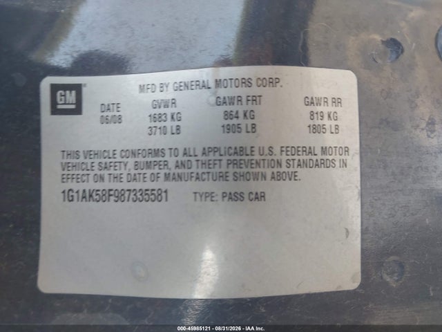 Aukcja sprzedaży 2008 Chevrolet Cobalt Ls, vin: 1G1AK58F987335581, numer aukcji: 45985121