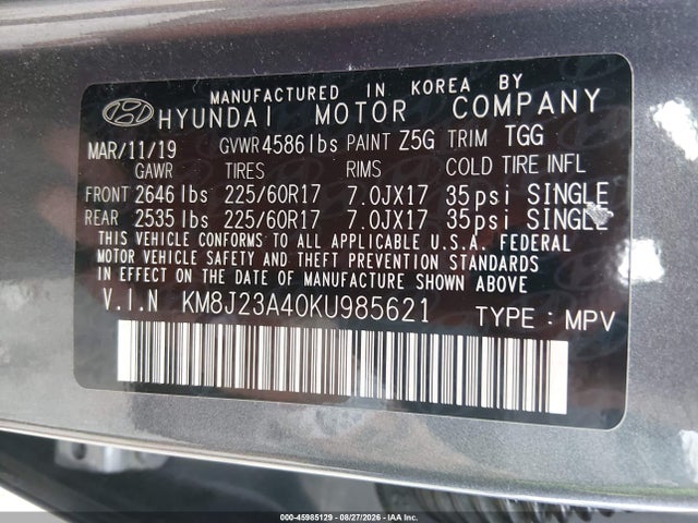 Продаж на аукціоні авто 2019 Hyundai Tucson Se, vin: KM8J23A40KU985621, номер лоту: 45985129