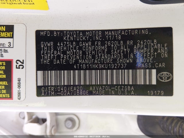45985132 :رقم المزاد ، 4T1B11HK9KU192737 vin ، 2019 Toyota Camry Se مزاد بيع