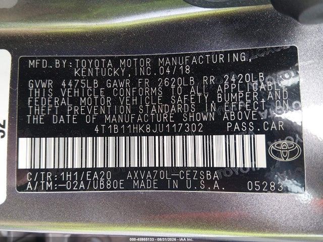 4T1B11HK8JU117302 Toyota CAMRY SE