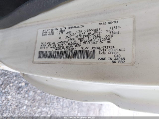 45985141 :رقم المزاد ، JT4RN81R6K5036947 vin ، 1989 Toyota Pickup 1/2 Ton Short Wheelbase مزاد بيع