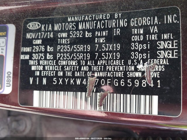 45985154 :رقم المزاد ، 5XYKW4A70FG659841 vin ، 2015 Kia Sorento Sx V6 مزاد بيع
