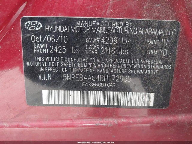 2011 Hyundai Sonata Gls მანქანა იყიდება აუქციონზე, vin: 5NPEB4AC4BH172635, აუქციონის ნომერი: 45985181