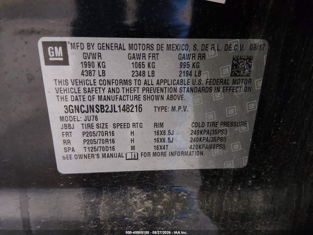 Продажа на аукционе авто 2018 Chevrolet Trax Ls, vin: 3GNCJNSB2JL148216, номер лота: 45985188