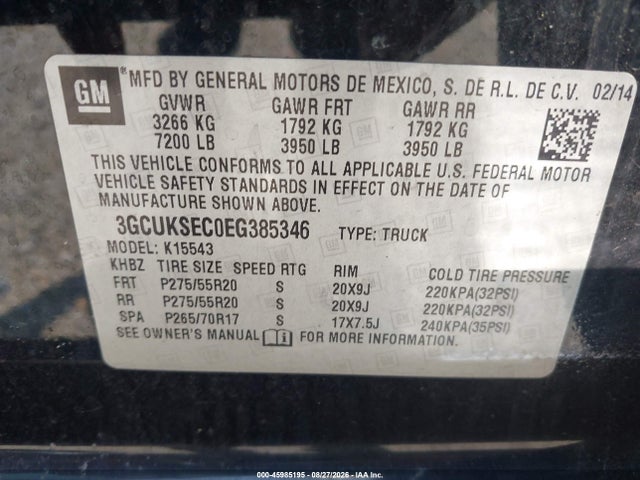 45985195 :رقم المزاد ، 3GCUKSEC0EG385346 vin ، 2014 Chevrolet Silverado 1500 Ltz مزاد بيع