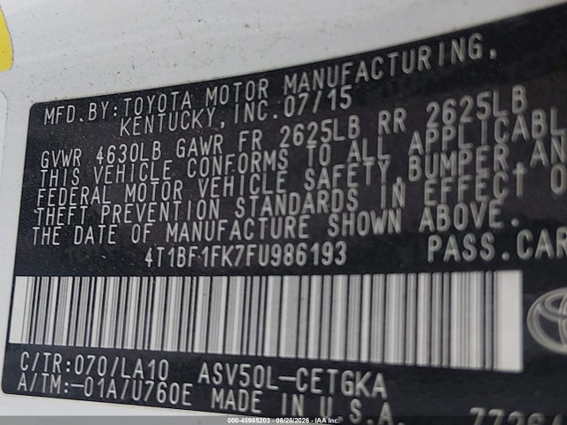 45985203 :رقم المزاد ، 4T1BF1FK7FU986193 vin ، 2015 Toyota Camry Xle مزاد بيع