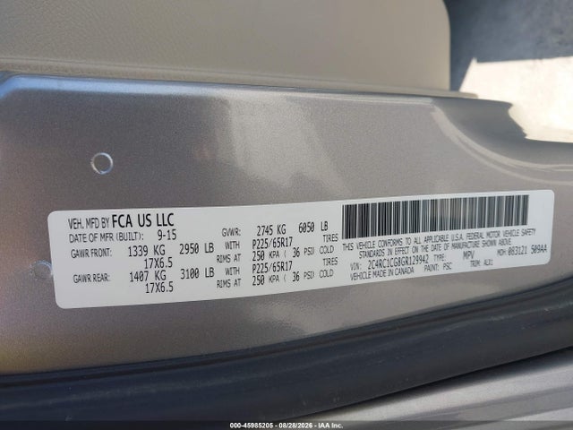 45985205 :رقم المزاد ، 2C4RC1CG8GR129942 vin ، 2016 Chrysler Town & Country Touring-l Anniversary Edition مزاد بيع
