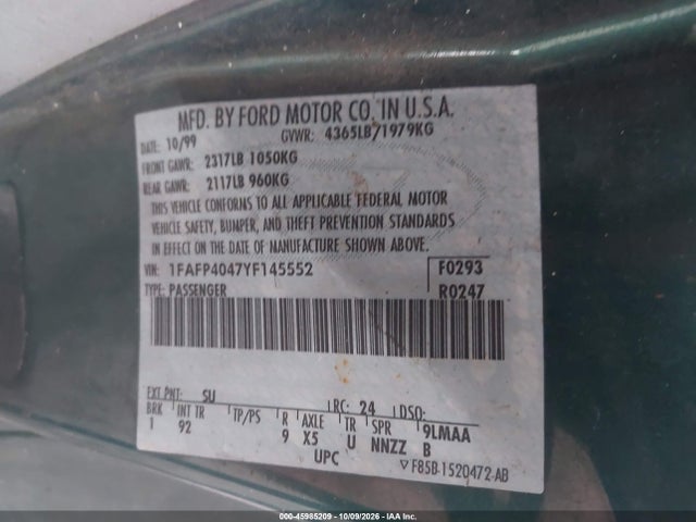 Aukcja sprzedaży 2000 Ford Mustang, vin: 1FAFP4047YF145552, numer aukcji: 45985209