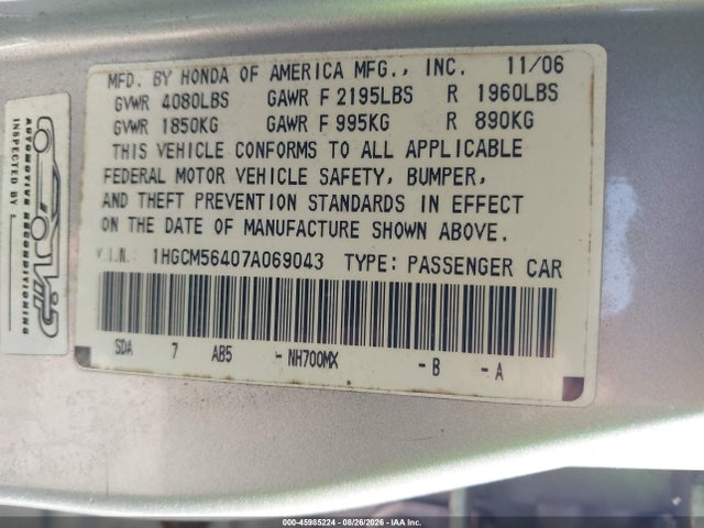 2007 Honda Accord 2.4 Lx მანქანა იყიდება აუქციონზე, vin: 1HGCM56407A069043, აუქციონის ნომერი: 45985224