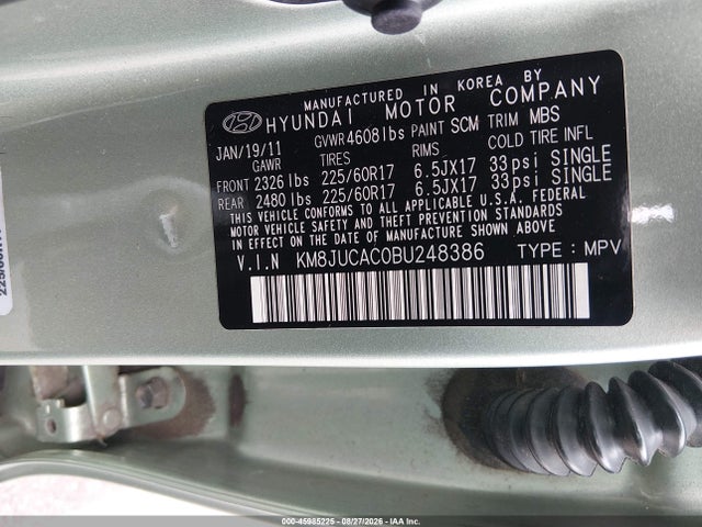 2011 Hyundai Tucson Gls მანქანა იყიდება აუქციონზე, vin: KM8JUCAC0BU248386, აუქციონის ნომერი: 45985225