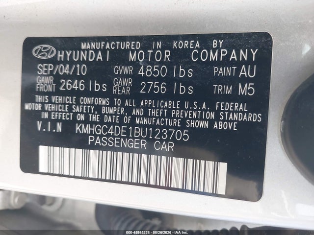 45985228 :رقم المزاد ، KMHGC4DE1BU123705 vin ، 2011 Hyundai Genesis 3.8 مزاد بيع