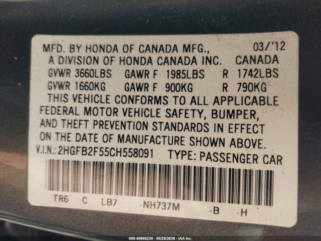 Продаж на аукціоні авто 2012 Honda Civic Lx, vin: 2HGFB2F55CH558091, номер лоту: 45985238