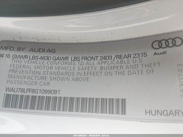 45985241 :رقم المزاد ، WAU78LFF8G1099091 vin ، 2016 Audi A3 2.0t Premium مزاد بيع